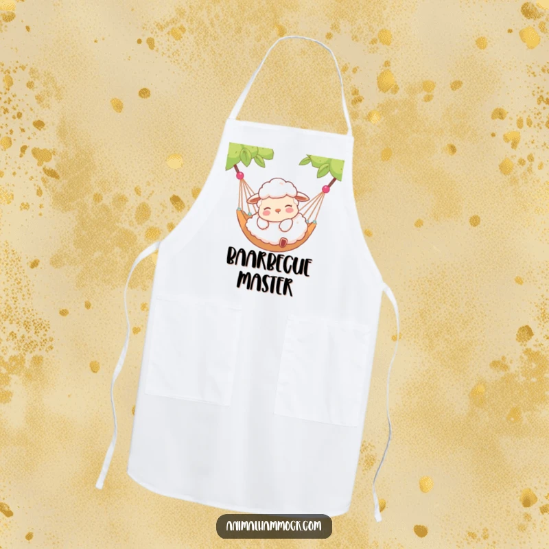 Funny apron with a contented sheep lying peacefully in a hammock, bringing a humorous and serene touch to any cooking.