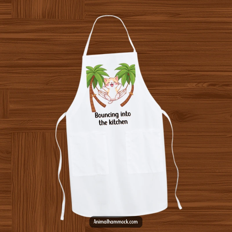 Funny cat apron depicting a cat on a hammock, ideal for kitchen relaxation and a tropical funny gift for cooks.