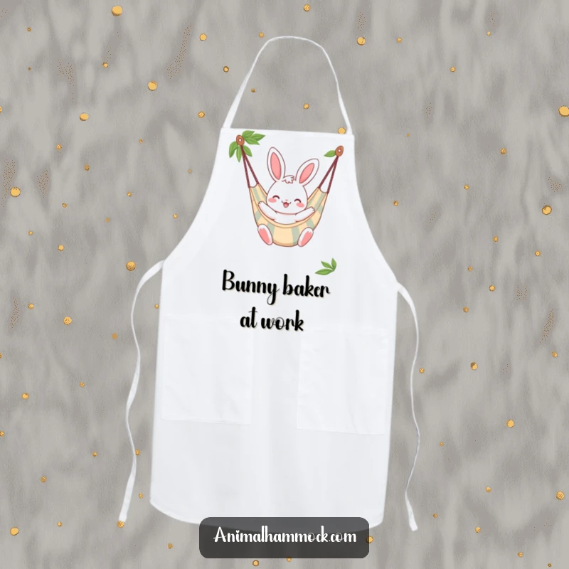 Funny Bunny Apron, a cheerful bunny character bouncing gently in a striped hammock, ready for kitchen duties.