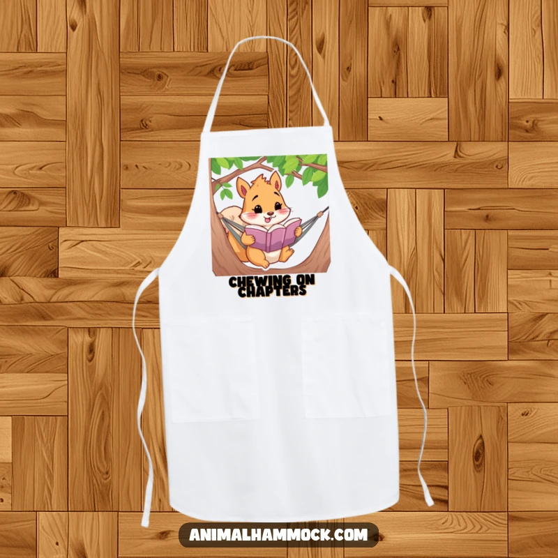 Funny squirrel character reading a book in a hammock, printed on a kitchen apron for a humorous cooking experience.
