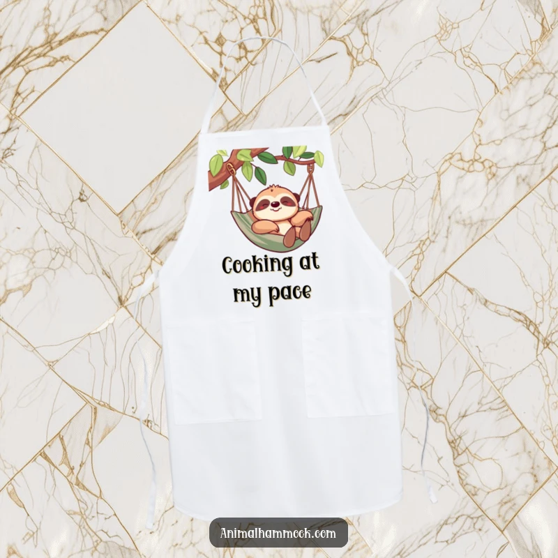 Funny sloth apron showing a cheerful sloth lounging in a hammock, designed for humorous and practical kitchen use. A unique gift.