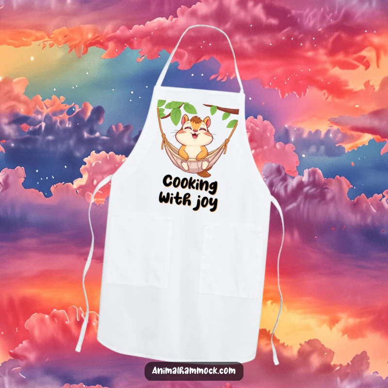 Funny chipmunk giggling with eyes closed in a hammock, printed on a kitchen apron. A humorous and practical accessory.