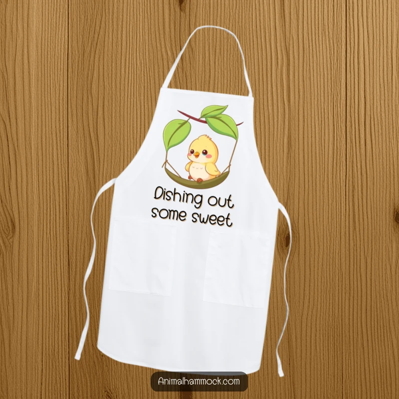 Funny apron showing a happy bird swinging on a leaf hammock, perfect for adding a touch of cheerful whimsy to cooking.