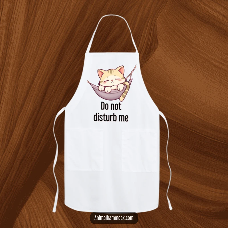Funny apron displaying a sleepy cat draped over a hammock, bringing a humorous and relaxed vibe to any kitchen.