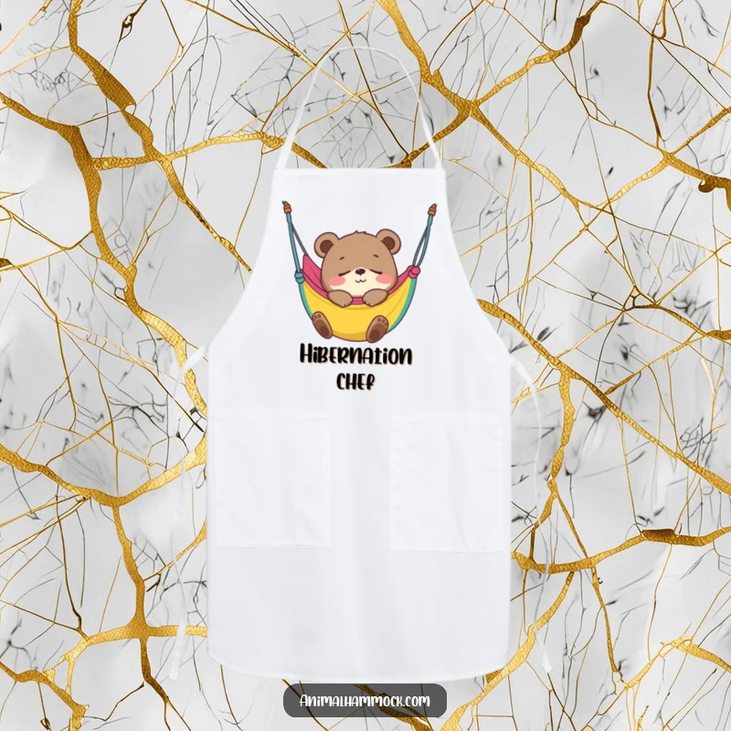Funny Bear Cub Apron showing a smiling cub blissfully fast asleep in a colorful hammock, perfect for kitchen activities with a humorous touch.