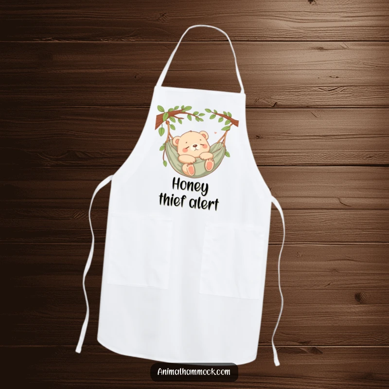 Funny Bear Cub Nap Apron featuring a sleeping bear cub in a hammock, adding humor and calmness to kitchen tasks.