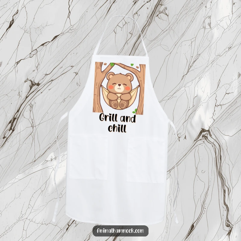 Funny bear apron with a happy bear snuggled in a hammock, eyes closed, ideal for kitchen relaxation and humorous vibes.