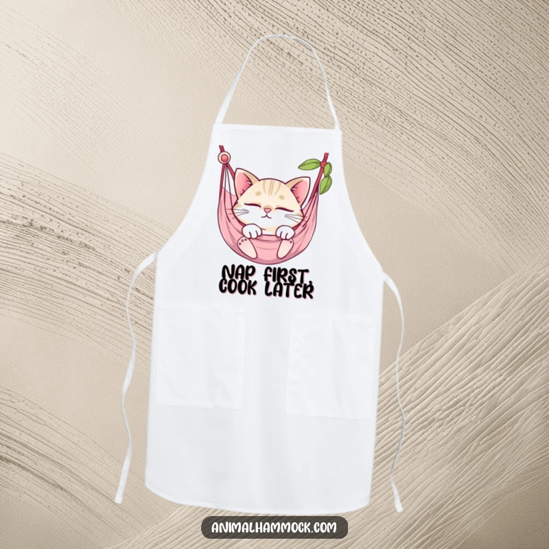 Funny round cat with sparkling eyes napping soundly in a hammock, adorning this practical and humorous kitchen apron.
