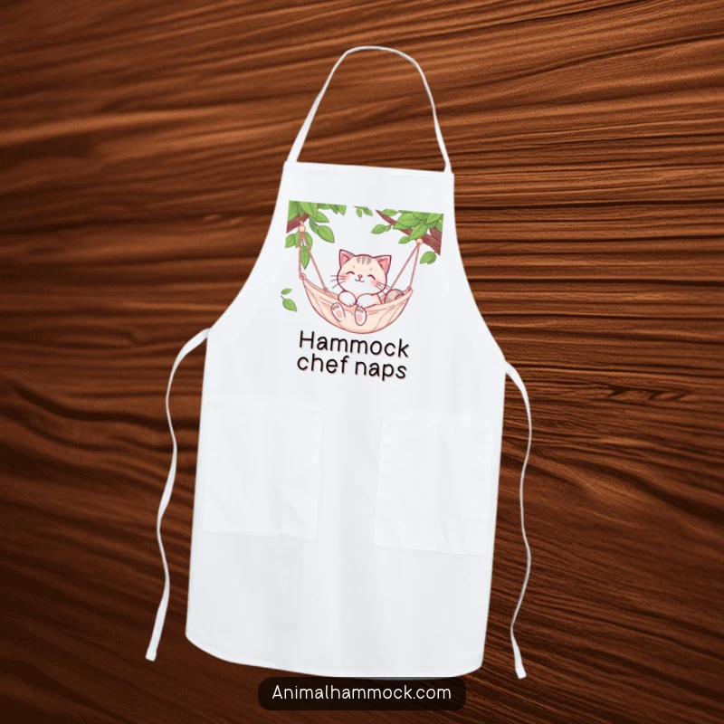Funny Cat Apron: A cute cat character relaxes in a hammock, bringing a humorous and calm vibe to cooking.