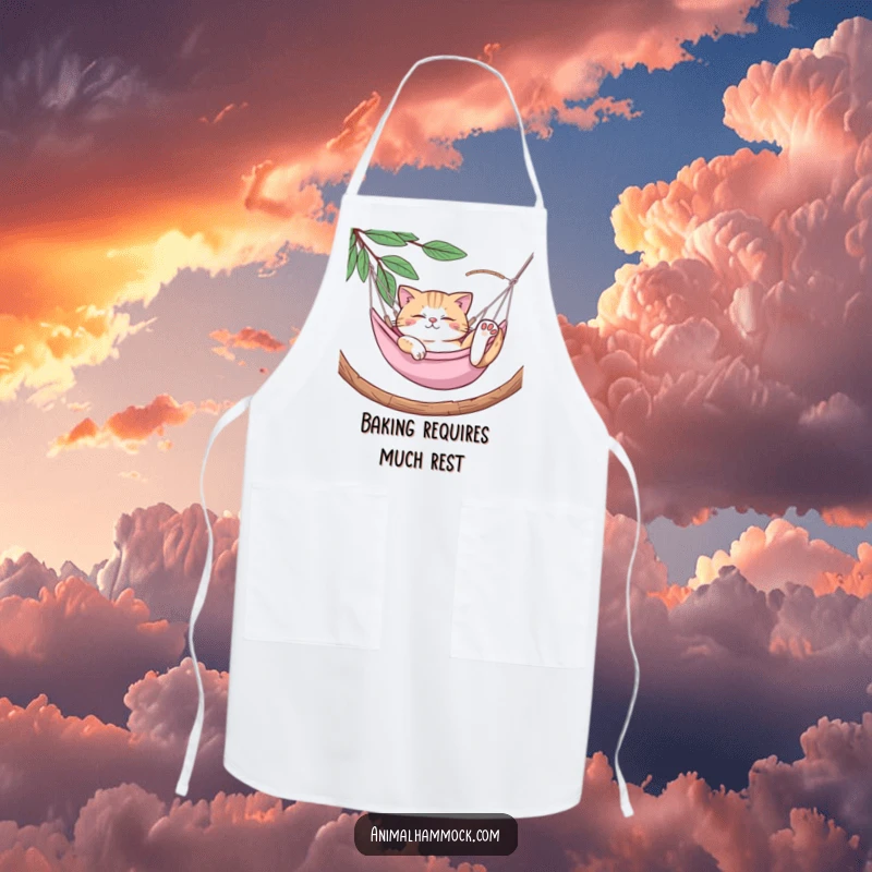 Funny Cat Apron: A humorous apron with a cat lounging in a hammock, suggesting a fun, laid-back attitude towards meal preparation.