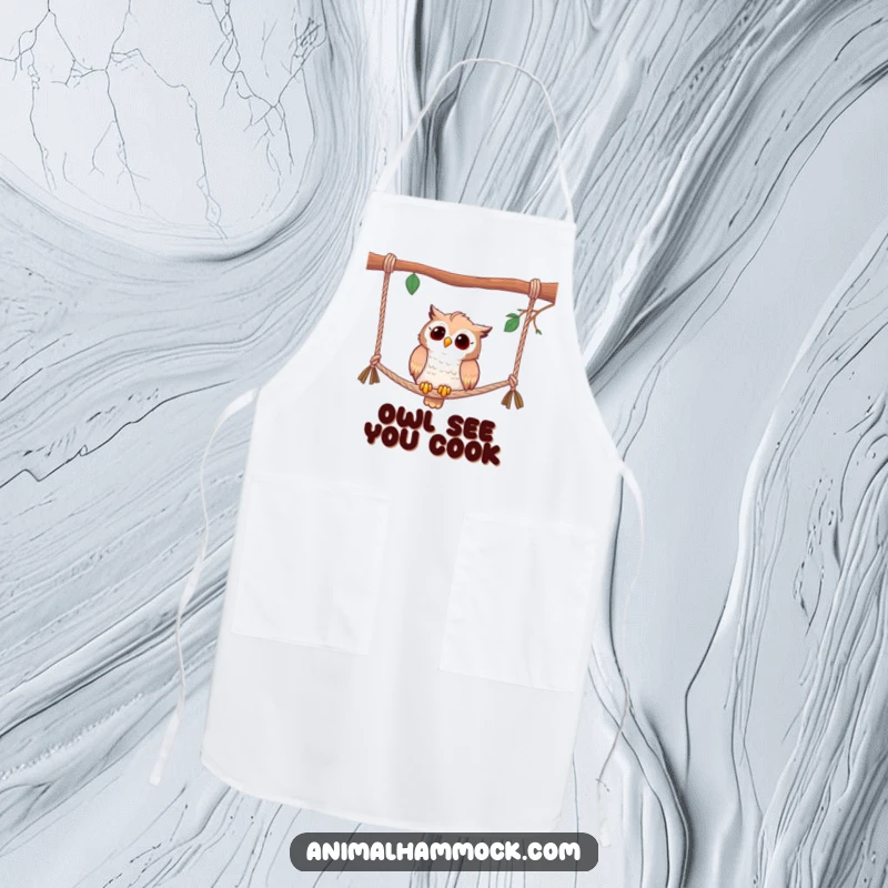 Funny apron with a curious owl perched on hammock ropes, bringing a humorous and observant touch to any cooking.