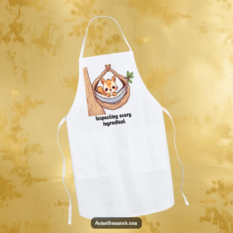 Funny apron showing a curious squirrel peeking from its hammock in a cozy nest, perfect for adding charm to kitchen duties.