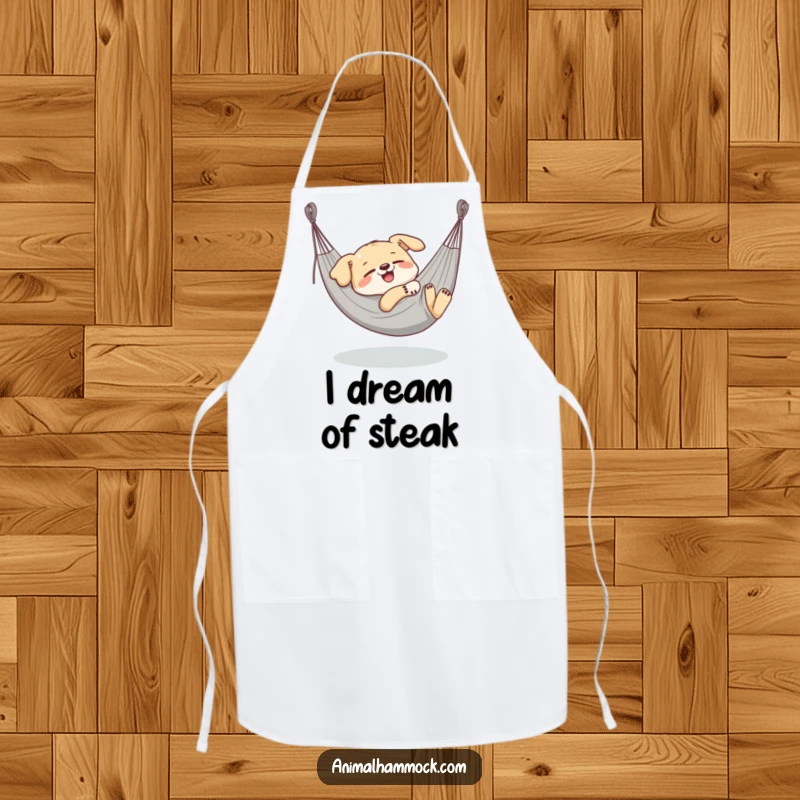 Funny Dog Apron, a delighted dog character blissfully napping in a stretched hammock, adding humor to kitchen tasks.