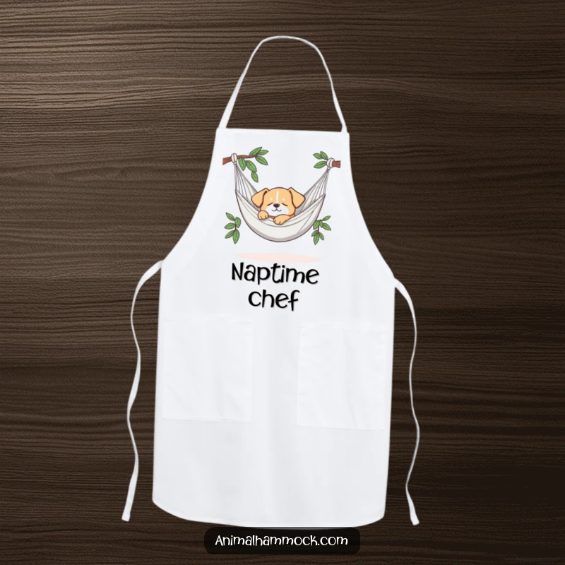 Funny apron featuring a dog sleeping soundly in a hammock, perfect for relaxed chefs who love cute and humorous kitchenware. Great gift.