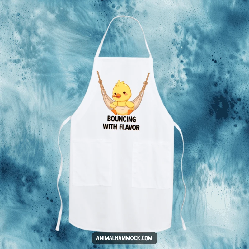 Funny duckling bouncing in a hammock on an apron, a cheerful and humorous kitchen accessory.