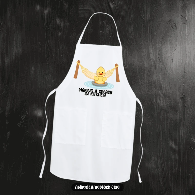Funny Duckling Apron: A humorous apron featuring a playful duckling paddling near a hammock, adding comedic flair to kitchen activities.