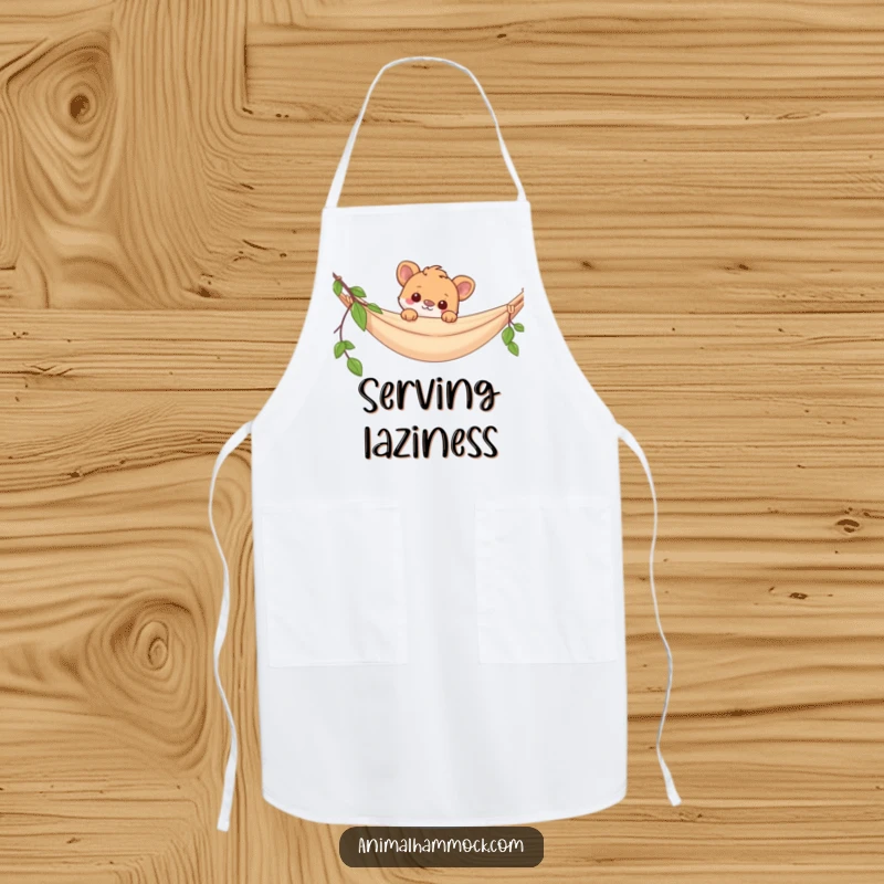 Funny apron showing a playful animal peeking over a hammock, designed for cooks who love to add humor to their culinary adventures.