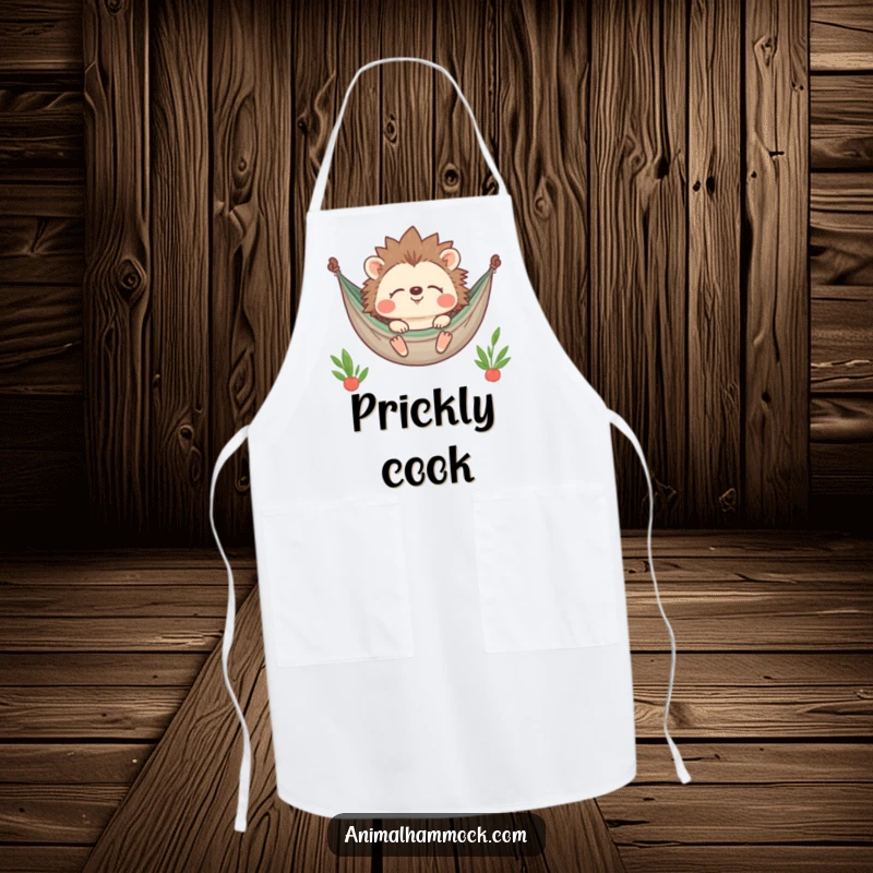 Funny Hedgehog Apron showing a contented character smiling with closed eyes while relaxing in a hammock, perfect for kitchen activities with a humorous touch.