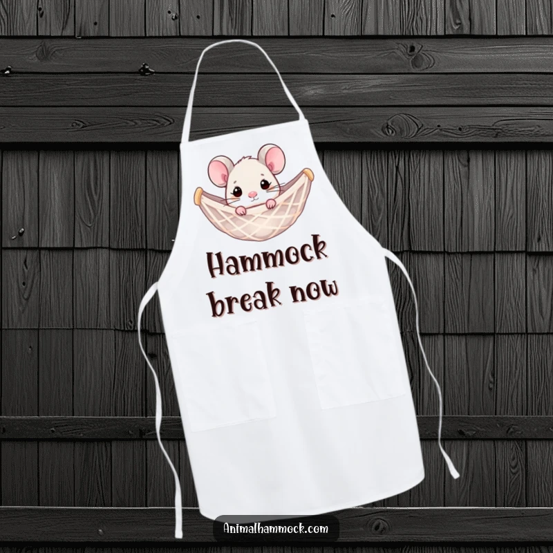 Funny mouse peeking from a hammock net, printed on a kitchen apron. A humorous and practical accessory for cooking.