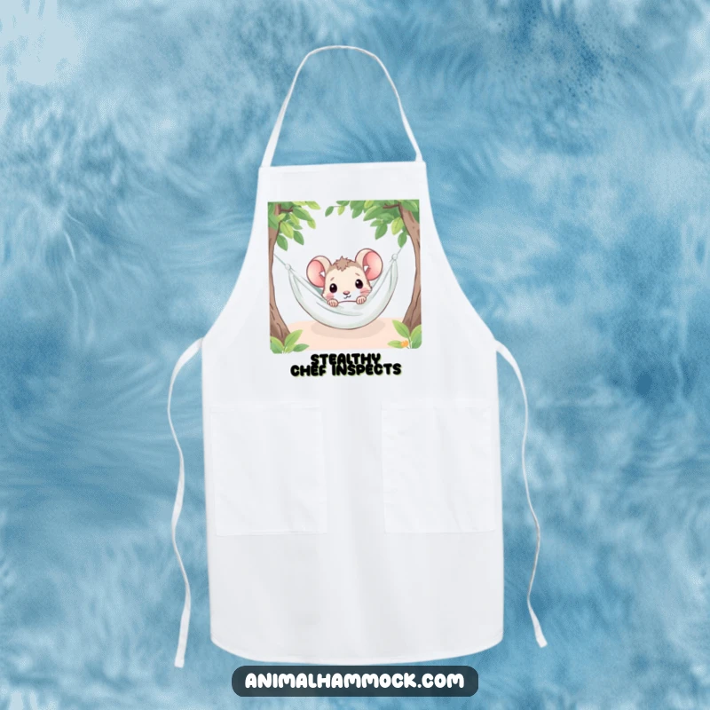 Funny mouse character peeking from under a hammock blanket, printed on a kitchen apron for a humorous cooking experience.