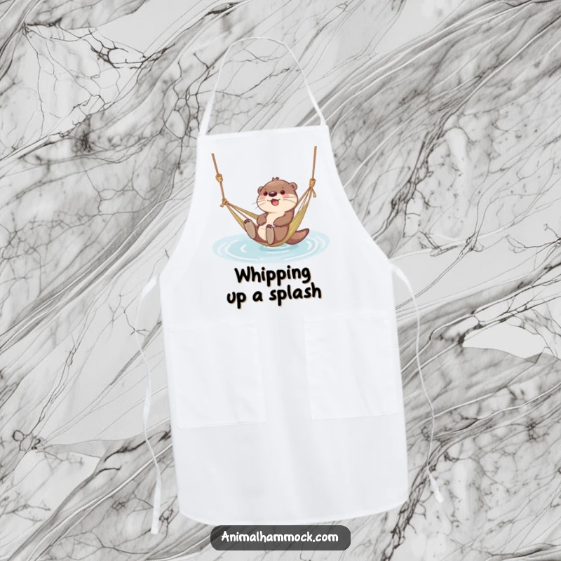 Funny apron showcasing a giggling otter character floating in a hammock tied to water, bringing smiles to the kitchen.