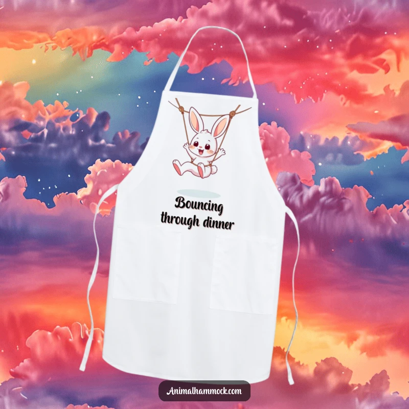 Funny apron depicting a playful bunny character enthusiastically kicking its legs while dangling from a hammock, perfect for a cheerful cook.