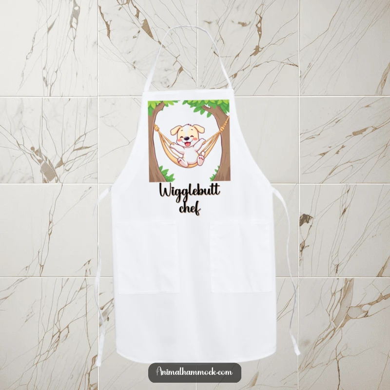 Funny apron with a playful puppy bouncing in a hammock, adding a humorous and energetic touch to any cooking session.