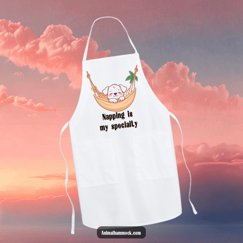 Funny puppy character napping contentedly in a hammock, printed on a kitchen apron for a humorous cooking experience.