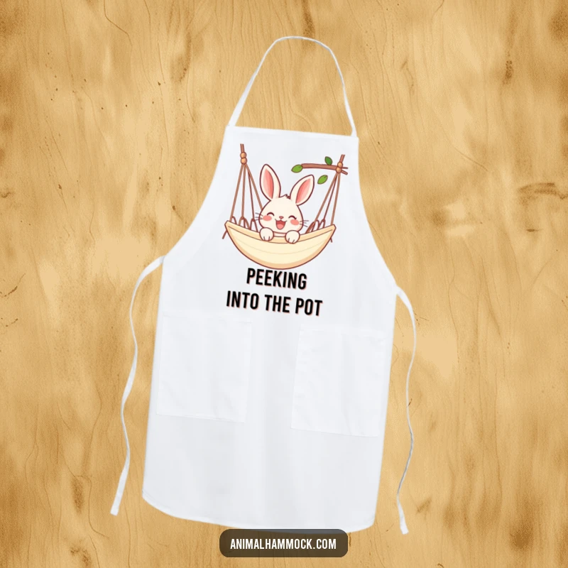 Funny rabbit apron showing a joyful rabbit peeking over the edge of a hammock, bringing relaxation and humor to cooking.