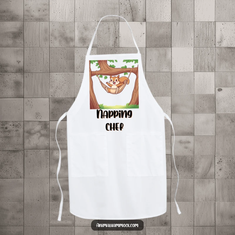 Funny apron illustrating a squirrel in a hammock, ready for kitchen fun. Protects clothes with a side of humor. Great gift.