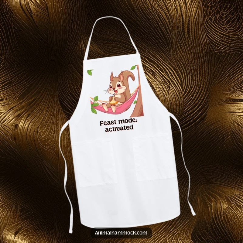 Funny Squirrel Apron: A humorous apron featuring a squirrel enjoying a snack in a hammock, adding comedic flair to kitchen activities.