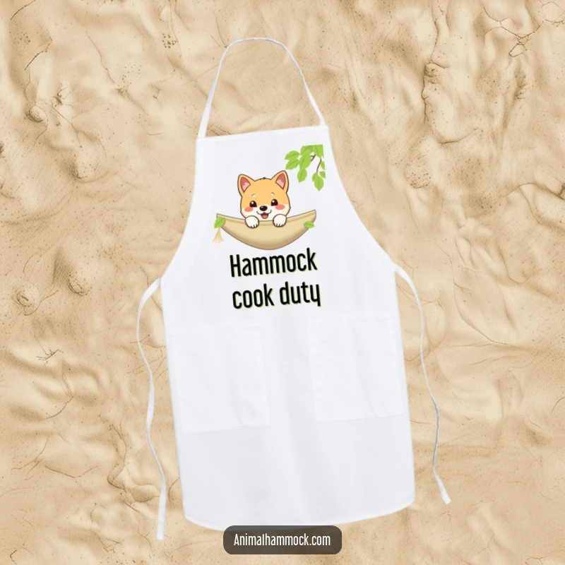 Funny Shiba Inu apron showing a playful puppy cheerfully peeking over a hammock, great for kitchen fun, a unique funny gift.