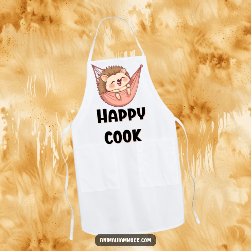 Funny apron featuring a happy hedgehog rolling into a hammock, perfect for the playful chef who loves cute designs. Great gift.