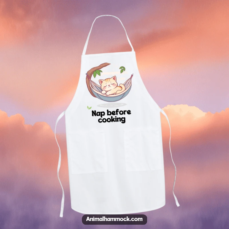 Funny sleepy cat dreaming peacefully in a hammock oasis, printed on a durable apron, bringing a sense of serene humor to the kitchen.