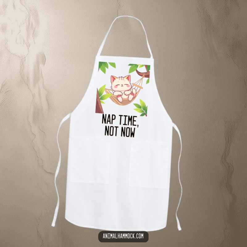 Funny Cat Apron, a euphoric cat character lounging deeply in a swaying hammock, ready to assist in the kitchen with flair.