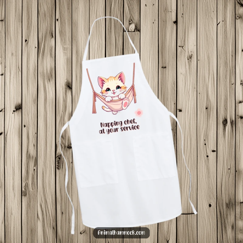 Funny kitten apron showing a playful kitten dangling from a hammock, perfect for humorous and practical kitchen use. A unique gift.
