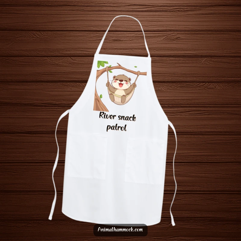 Funny Otter Hammock Apron featuring a joyful otter swinging in a hammock, adding playful humor to kitchen tasks.