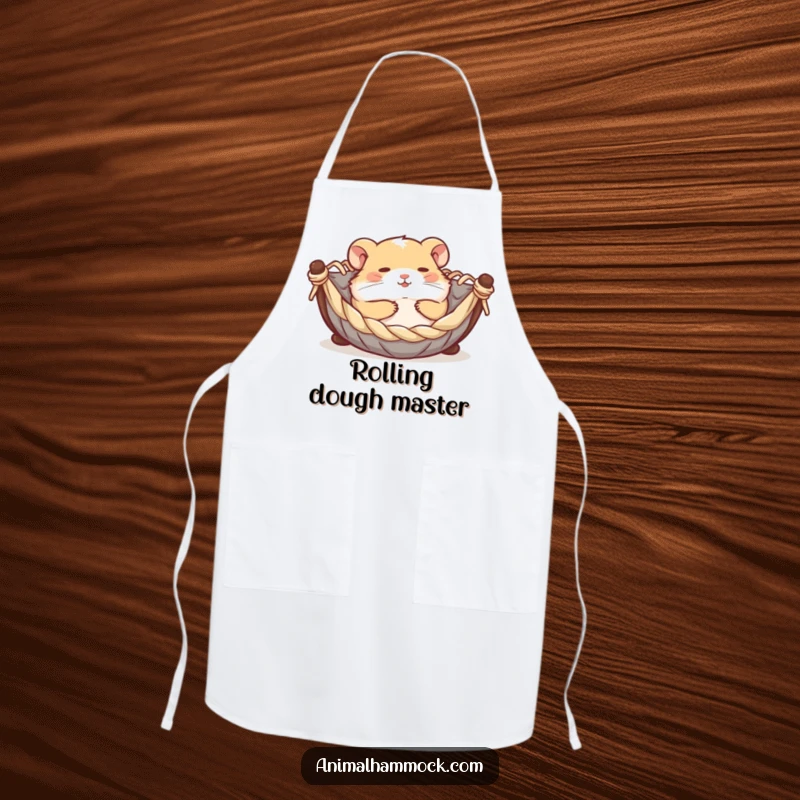 Funny contented hamster rolling joyfully in a miniature hammock, printed on a durable apron, bringing a playful and humorous touch to cooking.