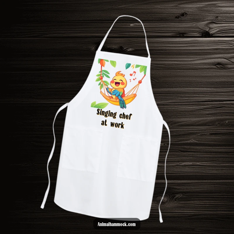 Funny joyous parrot singing from a brightly colored hammock, printed on a durable apron, bringing a playful and humorous touch to cooking.