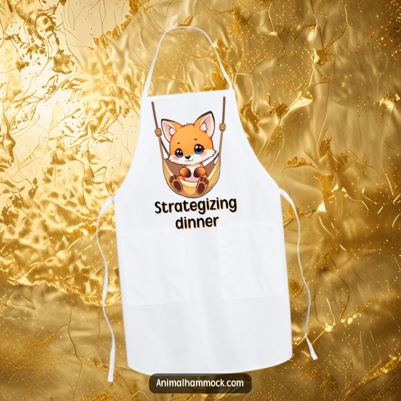 Funny small fox curiously eyeing a hammock, perfect for a humorous kitchen apron design.