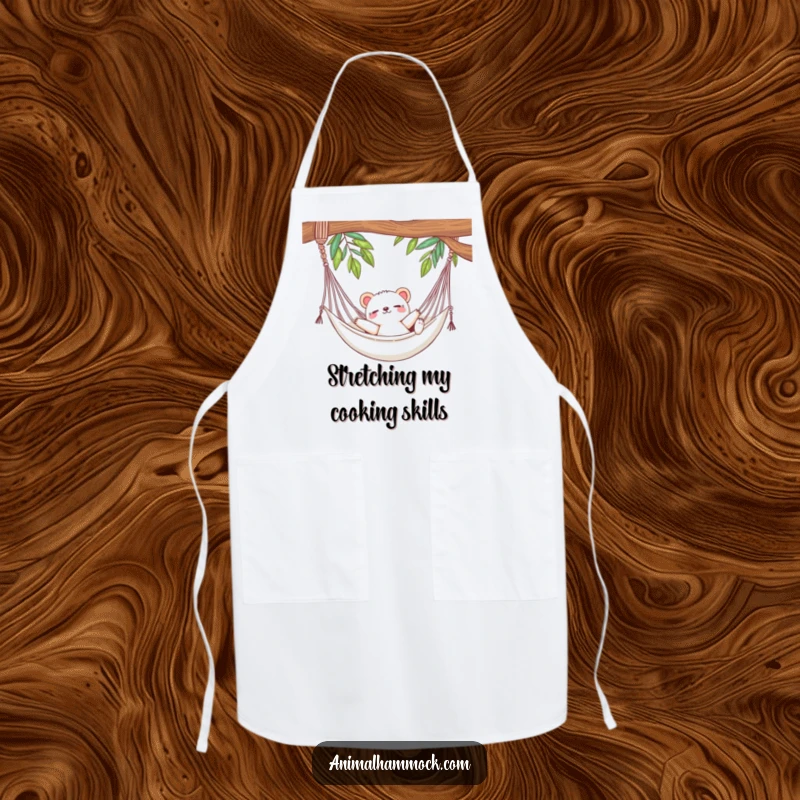Funny apron illustrating a cute animal luxuriously stretching in a hammock, perfect for adding humor and relaxation to kitchen tasks.