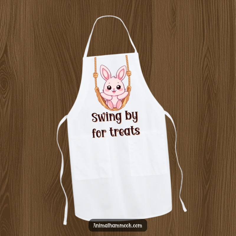 Funny apron featuring a fluffy pink bunny with big eyes, happily swinging on a rope hammock, ready for relaxed cooking.