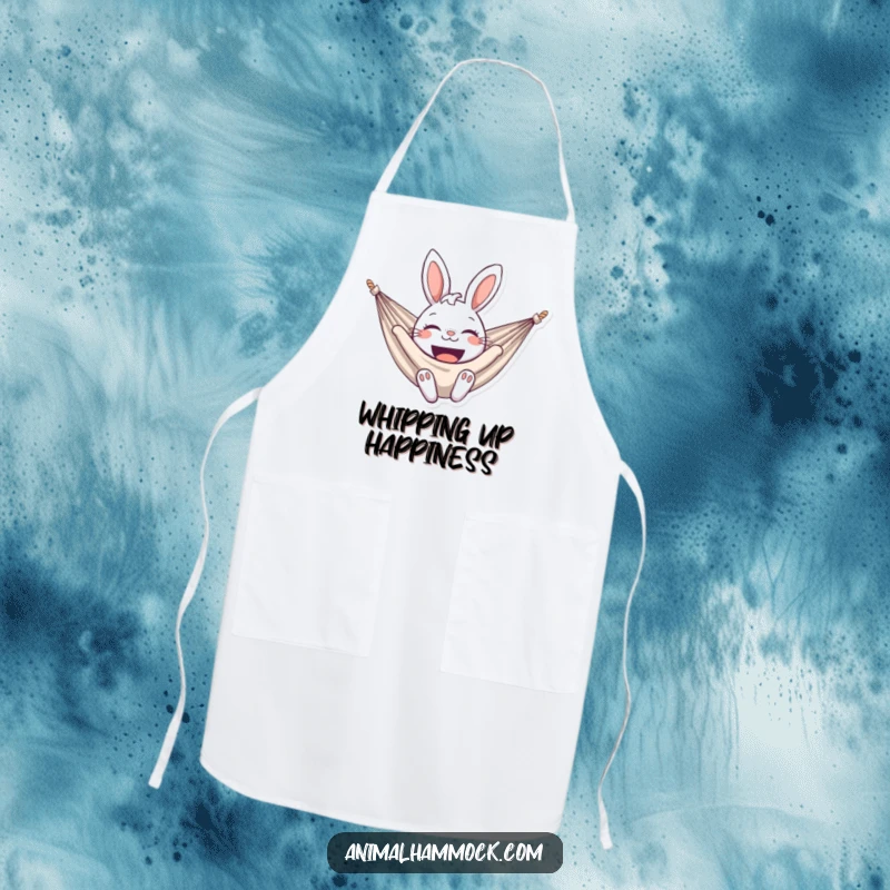 Funny bunny apron showing a delighted bunny smiling broadly in a hammock, perfect for humorous and practical kitchen use. A unique gift.