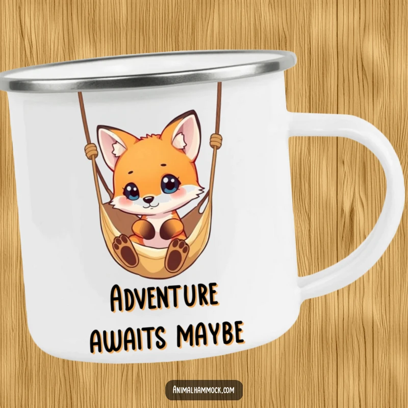 Funny small fox curiously eyeing a hammock, ideal for a camping mug, combining adventure with humorous intrigue.