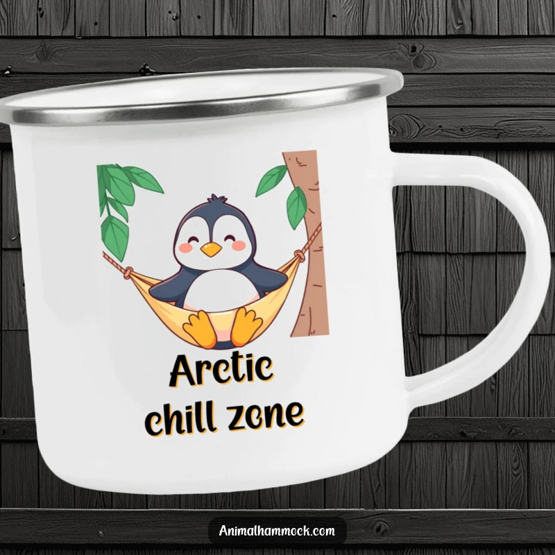 Funny camping mug featuring a proud penguin character sitting upright and smiling in a hammock, perfect for outdoor enthusiasts.