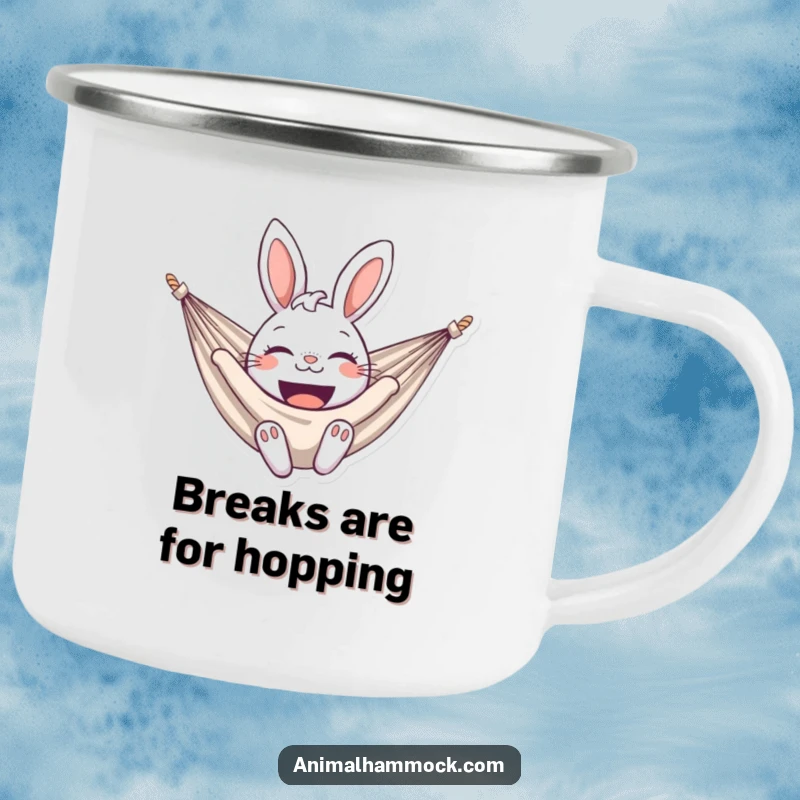 Funny bunny camping mug showing a delighted bunny smiling broadly in a hammock, ideal for relaxed outdoor trips. Durable and humorous.