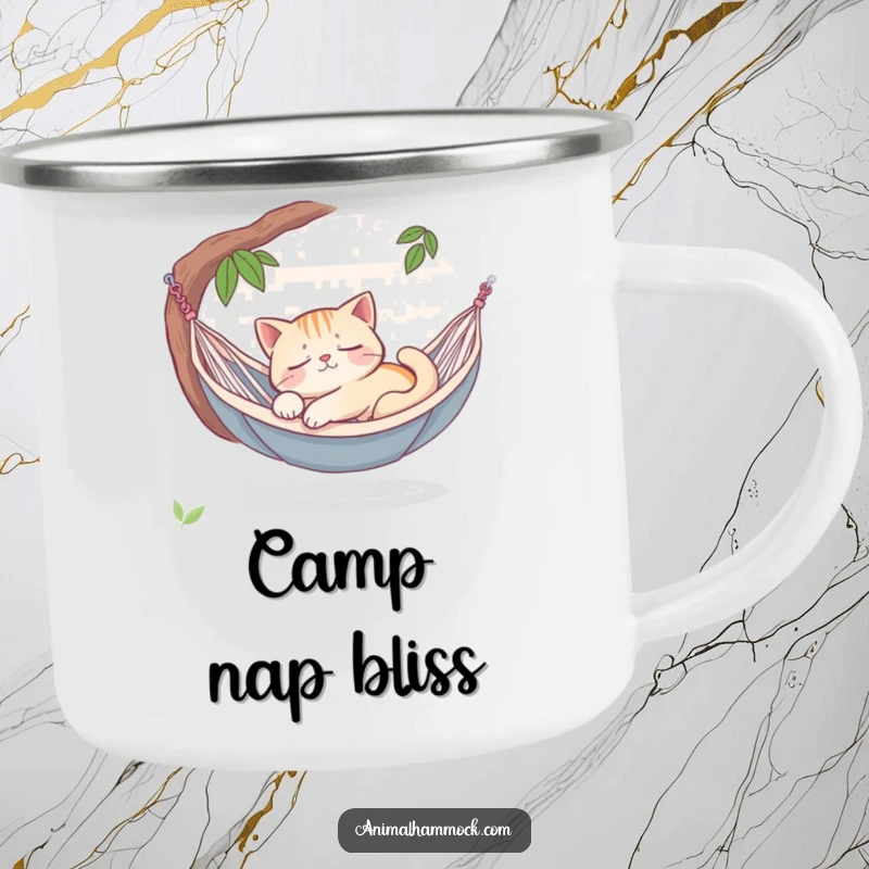 Funny sleepy cat dreaming peacefully in a hammock oasis, printed on a rugged camping mug, perfect for enjoying beverages during outdoor relaxation.