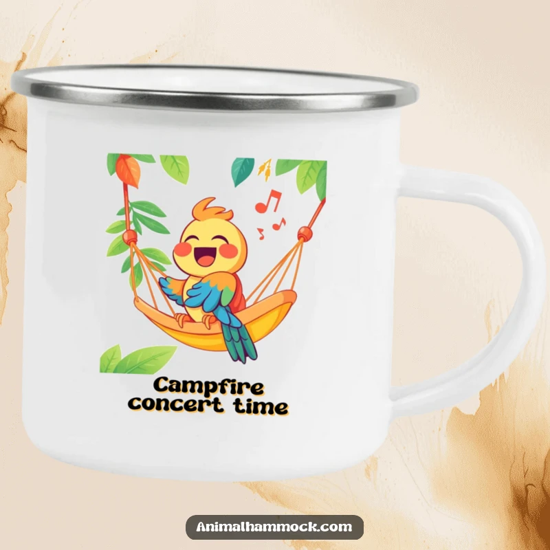 Funny joyous parrot singing from a brightly colored hammock, printed on a rugged camping mug, perfect for enjoying beverages during outdoor fun.