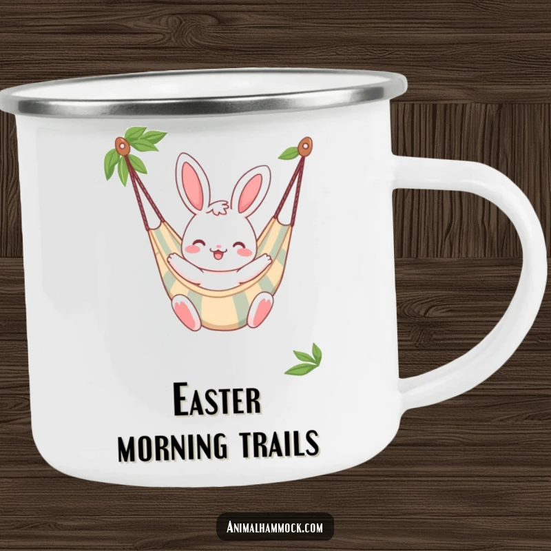 Funny Bunny Camping Mug, a cheerful bunny character bouncing gently in a striped hammock, perfect for outdoor enjoyment.