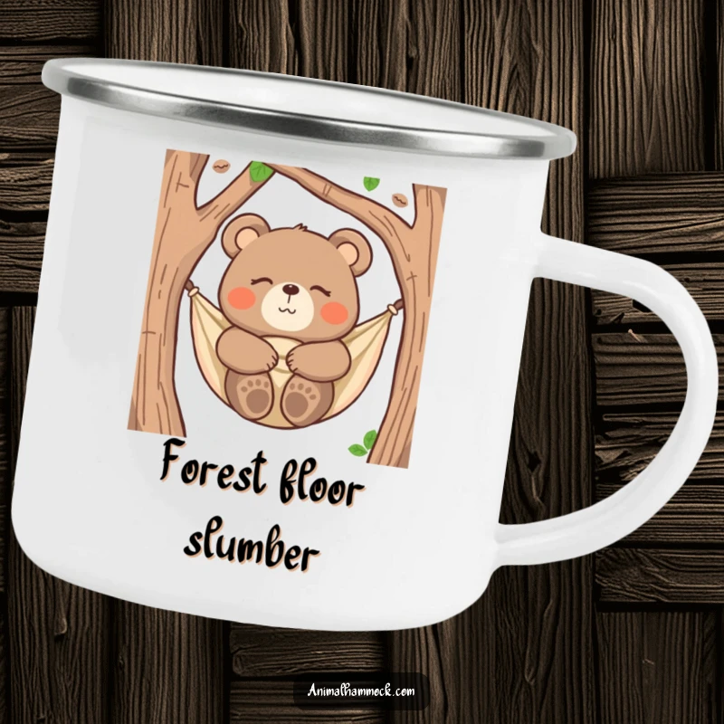 Funny bear camping mug showing a happy bear snuggled in a hammock, eyes closed, for rugged, humorous relaxation.